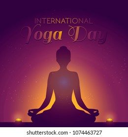 Beautiful concept banner vector illustration for the International Yoga day with lotus pose silhouette and candles.