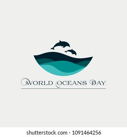 Beautiful concept card for the World Oceans Day with waves and dolphins. Vector illustration EPS10.