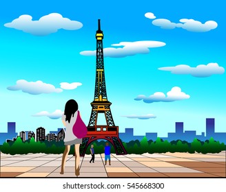 Beautiful concept of the Eiffel Tower with tourists. Flat style vector illustration.