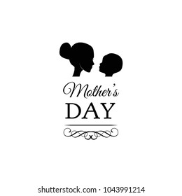 Beautiful concept greeting card for mom day celebration. Mother with child, baby, kid silhouettes. Vector illustration. Swirls, filigree elements, ornate frames.