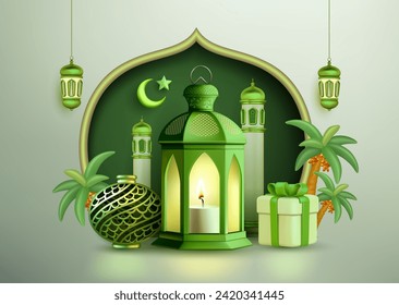 Beautiful concept of islamic greetings ramadan and Eid Mubarak banner design template background with arabesque ornament.