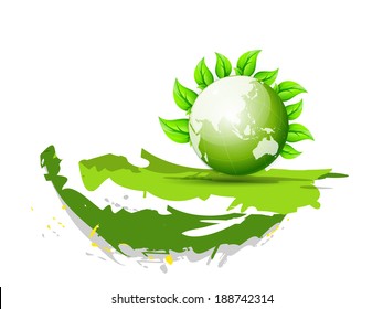 Beautiful concept for World Environment Day with mother earth globe and green leaves on white background. 