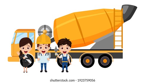 Beautiful concrete mixer truck with happy cute smart kid construction worker team with engineers characters