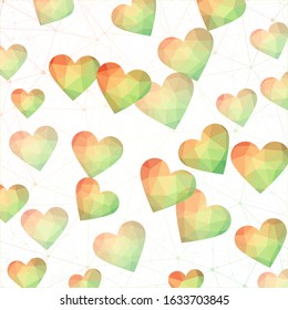 Beautiful Confetti Hearts Falling on Background. Polygonal hearts in red, yellow, and green colors. Artistic digital design. Modern vector illustration.