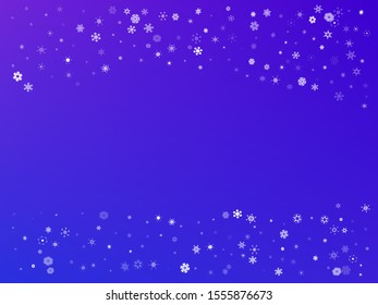 Beautiful confetti isolated on blue background. Vector illustration. Fashionable particles. White colored, elegant, trendy, cute snowflakes, festive happy chaotic decor.