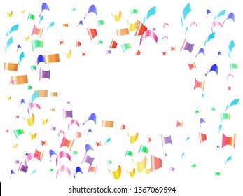 Beautiful confetti isolated on white background. Vector illustration. Random particles. Red, green, yellow, blue, golden, pink, orange and violet colored elements, festive happy chaotic decor.