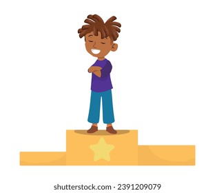 Beautiful confident boy, self-esteem concept. Folded Arms Stand on Pedestal Vector Illustration.