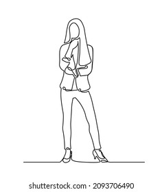 Beautiful confident business woman standing one line illustration