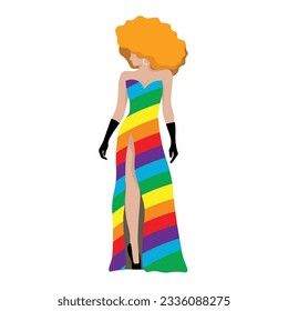 A beautiful and confident drag queen in colourful rainbow dress with orange wig for LGBTQ+ concept and for equality and diversity supporting. Vector illustration flat charactor on white background