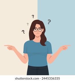 Beautiful confused doubtful woman standing and choosing between two colors or ways pointing in two sides. Flat Vector Illustration isolated on White Background