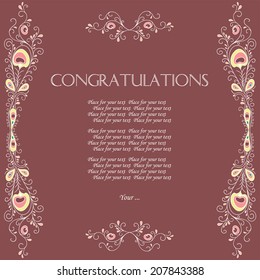 Beautiful Congratulation card with pattern of peacock feathers. Vector Illustration.