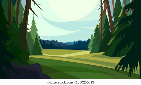 Beautiful coniferous forest. Nature landscape in cartoon style.