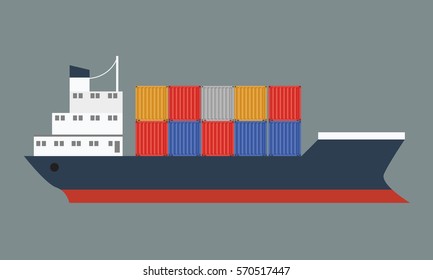 Beautiful container ship with international cargo. Vector illustrated icon with solid and flat color style design.