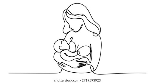 A beautiful continuous line art drawing illustrating a loving mother breastfeeding her newborn child Vector, illustration