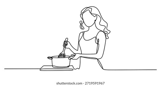 Un hermoso dibujo de línea continua que captura a una mujer que agita una comida en una olla con Vector de elegancia, ilustración