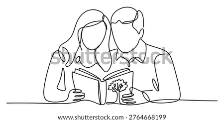 A beautiful continuous line drawing of a man and a woman reading a book together in harmony. Vector, illustration