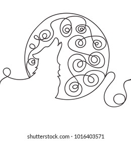 Beautiful continuous line moon and wolf design vector