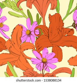 Beautiful contour Lily flower pattern. Botanical motifs. Seamless vector texture for fashion prints. Cosmea flower