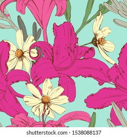 Beautiful contour Lily flower pattern. Botanical motifs. Seamless vector texture for fashion prints. Cosmea flower