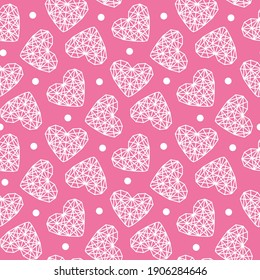 Beautiful contour linear white hearts isolated on a pink background. Cute seamless pattern. Vector flat graphic illustration. Texture.