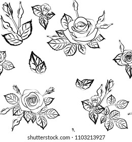 beautiful contour lines roses pattern on white background , seamless repeat vector illustration