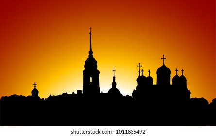 Beautiful contour of the Orthodox churches at sunset