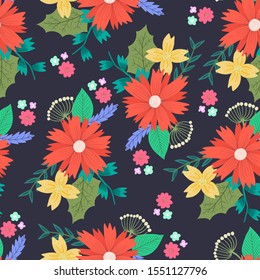 Beautiful contrast doodle seamless pattern with orange, red and pink flowers bouquets with leaves. Cute childish scandinavian floral texture for textile, wrapping paper, surface, wallpaper