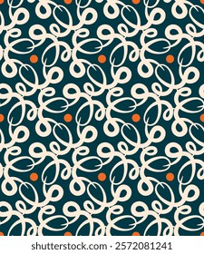 Beautiful contrast seamless pattern with swirls. Overlapping art forms, stripes, polygons, segments are grouped and arranged in a certain order. Vector. 