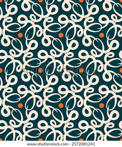 Beautiful contrast seamless pattern with swirls. Overlapping art forms, stripes, polygons, segments are grouped and arranged in a certain order. Vector. 