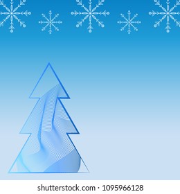 Beautiful cool postcard with Christmas tree of lines and snowflakes on a blue background