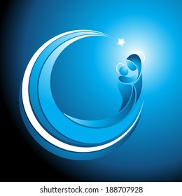Beautiful cool tranquil blue curved Christmas icon of Mary cradling the baby Jesus in her arms with a glowing halo and Christmas star