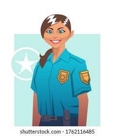 Beautiful cop portrait. Police woman with blue eyes and a big smile. Occupied and professional lady. Equality