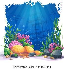 Beautiful coral and colorful reefs and algae on sand. Vector illustration of sea landscape.