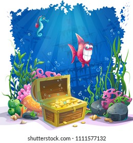 Beautiful coral and colorful reefs, fish and gold chest on sand. Vector illustration of sea landscape.