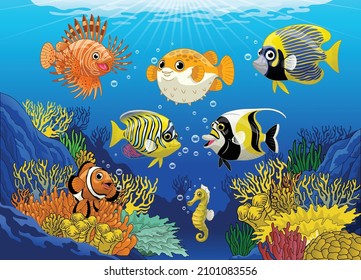 Beautiful Coral Ree with Cartoon Fishes