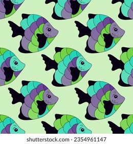 Beautiful coral reef fish endless ornament vector. Oceanic animals diving. Summer fashion textile print. Coral reef fish marine life illustration. Colorful squama, tail