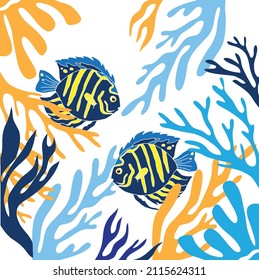 beautiful coral reef fish for fabric pattern. yellow blue on a white background.