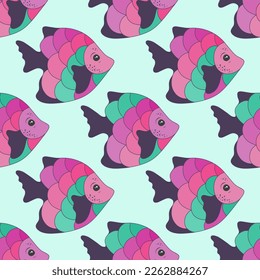Beautiful coral reef fish seamless fabric print vector. Sea water animals diving. Kids fashion clothes print. Coral reef fish sealife graphic design. Multi-coloured scales, tail