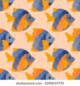 Beautiful coral reef fish seamless pattern vector. Underwater animals diving. Kids fashion tissue print. Coral reef fish undersea life graphic design. Multicolored squama, tail