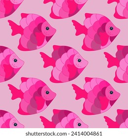 Beautiful coral reef fish seamless fabric print vector. Underwater animals swimming. Children fashion fabric print. Coral reef fish sealife graphic design. Different color squama, fins