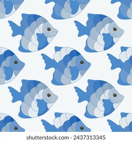 Beautiful coral reef fish seamless fabric print vector. Underwater animals swimming. Kids fashion fabric print. Coral reef fish wildlife illustration. Multi-coloured squama, fins