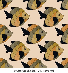 Beautiful coral reef fish seamless pattern illustration. Marine creatures diving. Children fashion fabric print. Coral reef fish isolated graphic design. Multi-coloured scales, tail