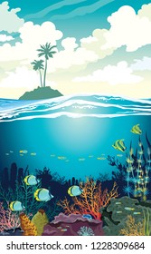 Beautiful coral reef with fishes and underwater creatures on a blue sea and silhouette of island with palm tree on a cloudy sky. Vector underwater seascape illustration. Ocean wildlife.