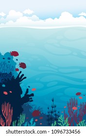 Beautiful coral reef with silhouette of fishes on a blue sea and cloudy sky. Vector underwater seascape illustration. Ocean wildlife.