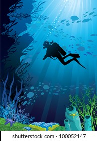 Beautiful coral reef and silhouettes of diver and school of fish in a blue sea