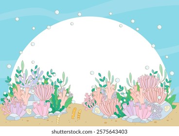 beautiful coral and reef under the sea theme frame in pastel cool tone colors, vector illustration