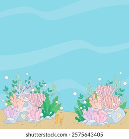 beautiful coral and reef under the sea background in pastel cool tone colors, vector illustration