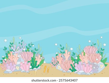 beautiful coral and reef under the sea background in pastel cool tone colors, vector illustration