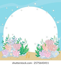 beautiful coral and reef under the sea theme frame in pastel cool tone colors, vector illustration