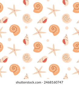 Beautiful coral reefs. Natural seamless pattern with undersea flora and fauna, sea or ocean life. Undersea backdrop with coral, algae, starfish, shells. Flat vector illustration